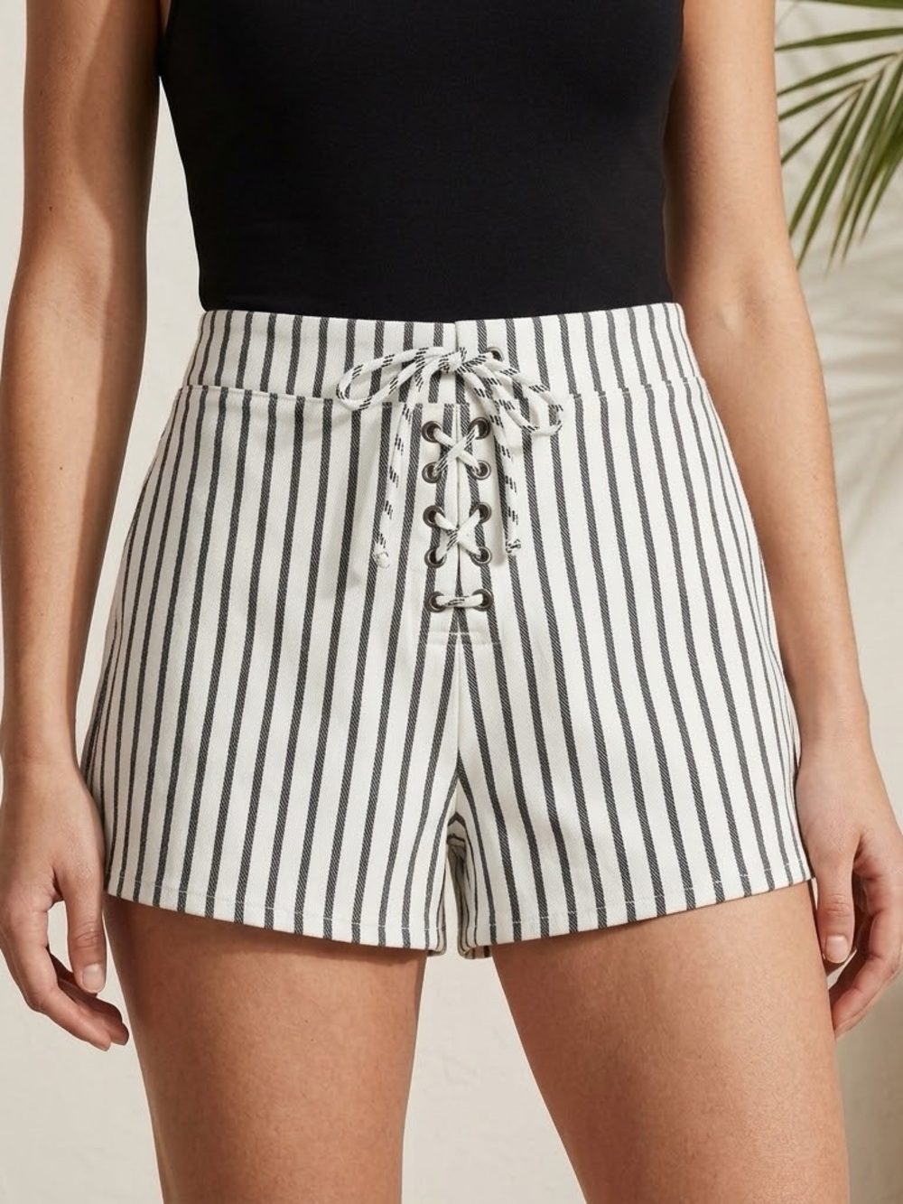 Express Black White Striped Lace Up High Rise Shorts Size M